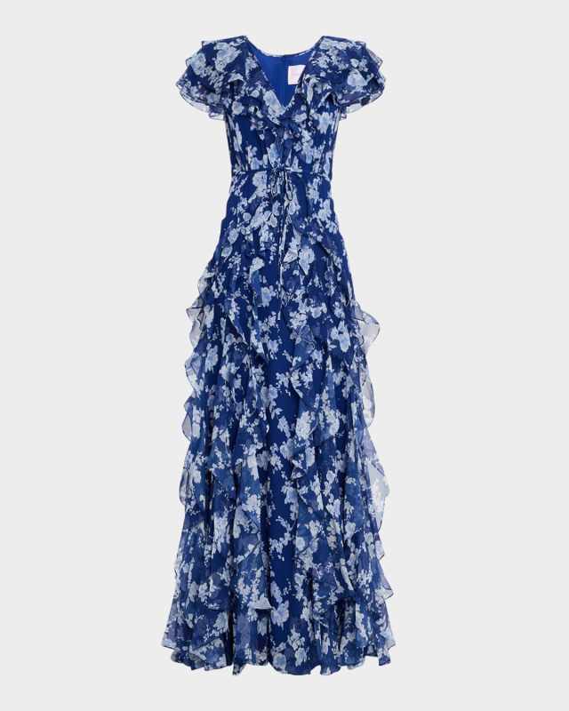 Plunging Ruffle Short-Sleeve Silk Gown
